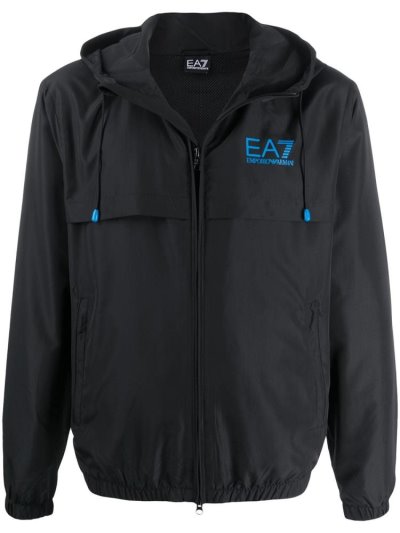 Armani Ea7 Emporio Armani Layered Style Printed Logo Windbreaker Plašči Moški Črne | C5P9ZKWV