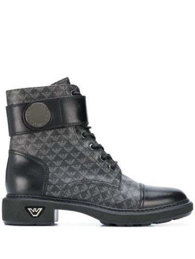 Armani Emporio Armani Logo Print Combat Škornji Ženske Črne Sive | QY1AQ9DB